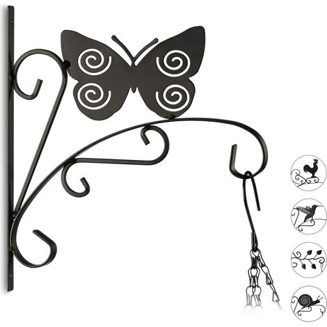 3x Appendivasi con Farfalla, Ganci Portavasi da Parete, Decorazioni da Giardino Metallo HxLxP: 30 x 28 x 2 cm, Nero