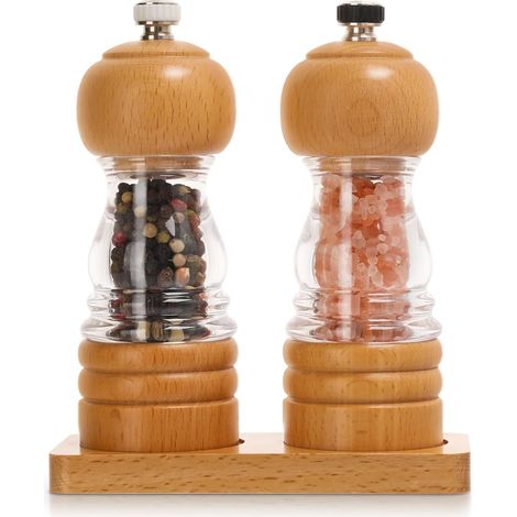 Ensemble de moulins à sel et à poivre, 2 moulins à sel et à poivre manuels en bois de 12,7 cm (5 pouces) pour la cuisine, moulins rechargeables et réglables. (1/5)