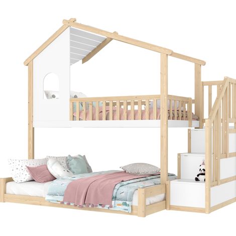 Lit superposé cabane 90x200 + 140x200 avec barrière, escalier de rangement, fenêtre et style maison bois blanc naturel - CHICFURN (1/5)