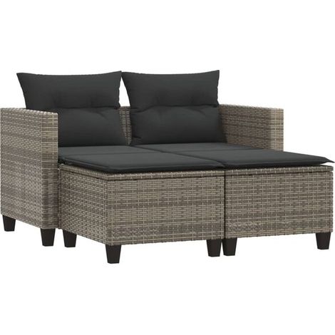 Canapé de jardin deux places avec tabouret en résine tressée grise (1/5)