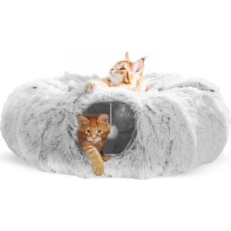 Round cat tunnel with cushion – 90 cm long – Soft and plush material – For cats and small animals up to 10 kg (1/5)