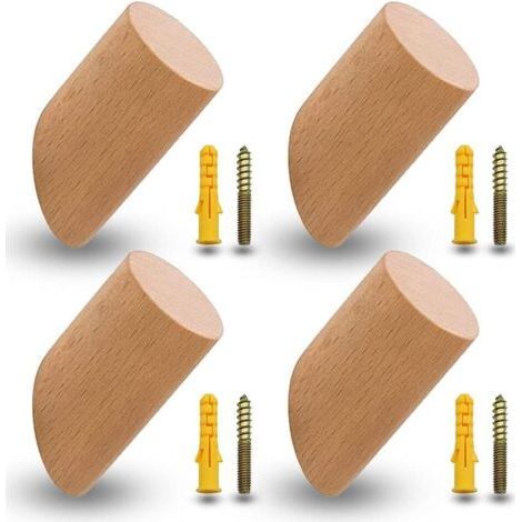 Set mit 4 Kleiderhaken aus Buchenholz, Holzhaken, Wandhaken mit 4 Schrauben und Dübeln für Büro, Küche, Haushalt, Kleidung (6 cm) (1/4)