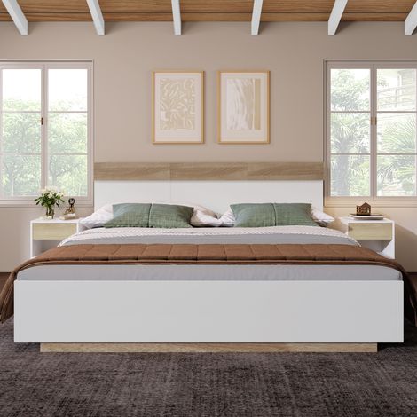 Lit double en bois Lit adulte avec tête de lit composée d'un cadre de lit et d'un sommier à lattes - 160 x 200 cm, Blanc (1/5)