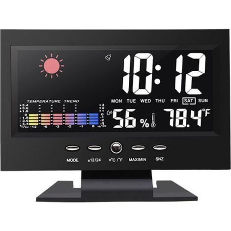 Reloj electrónico, calendario perpetuo, temperatura y humedad, gran pantalla LCD retroiluminada, pronóstico del tiempo, control por voz. (1/5)