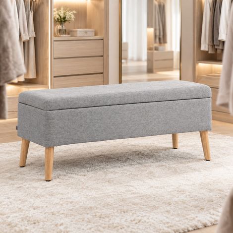 Panca contenitore 110/39/45 cm grigia, seduta imbottita e rivestimento effetto lino (1/5)