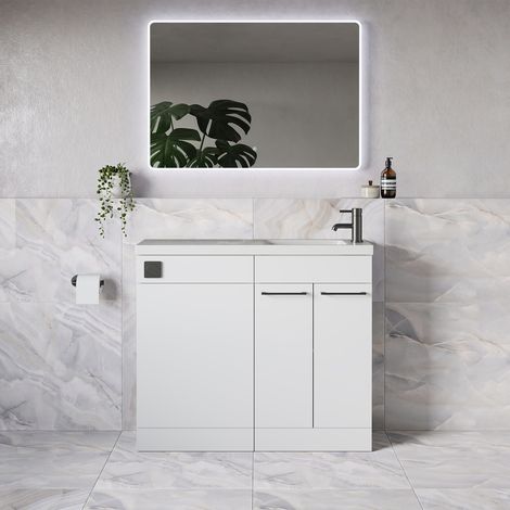 Napoli 250 Gloss White 1000mm 2 Door Vanity Unit Toilet Suite with Round Silvo Basin - 1000mm - Gunmetal Grey 160mm HandleWithout Jubilee Toilet Pan