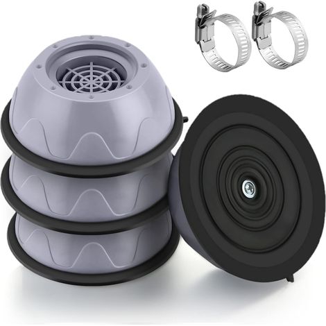 4 Pièces Patins Anti Vibration Lave Linge, 10cm Base Coussinets Anti-vibrations en Caoutchouc Antidérapants pour Machine à laver, Sèche linge et Meubles avec 2 Pièces Collier de Serrage, (1/5)
