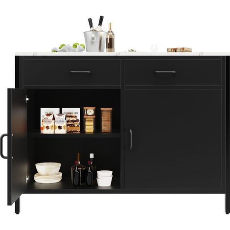 Table haute noire avec plan de travail effet marbre, design simple et moderne, bar à café pour salon et salle à manger, pieds réglables