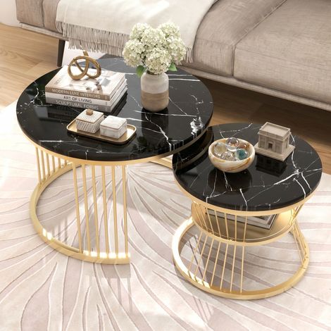 Table Basse gigogne rondes 70+45 cm，Style moderne Modernes，Plateau en bois effet marbre PVC，Pieds en métal ，Noir