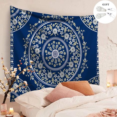 Tapiz de pared bohemio, con estampado de mandala indio, estilo bohemio, suave y sedoso, ideal para dormitorio o sala de estar (azul marino, 200 x 150 cm). (1/5)