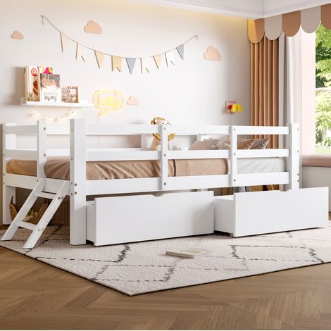 Letto bambini 90x200 cm con sponda di sicurezza, 2 cassetti e rete a doghe, in MDF, senza materasso, bianco (1/5)