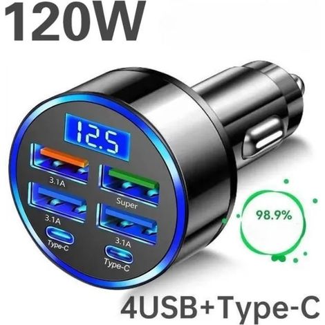 Chargeur de voiture 6 en 1 - 120W à affichage numérique – USB & Type-C (1/4)