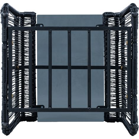 Set de meubles extérieur 5 pièces, bureau, 2 chaises, 2 tabourets, cadre fer, rotin plastique, coussins, surface verre, pour terrasse, jardin ou balcon, résiste intempéries. (1/5)