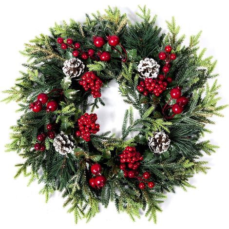 Christmas Wreath - 15 inch artificial Christmas door wreath with red fruits, pine cones Christmas decorations (1/4)