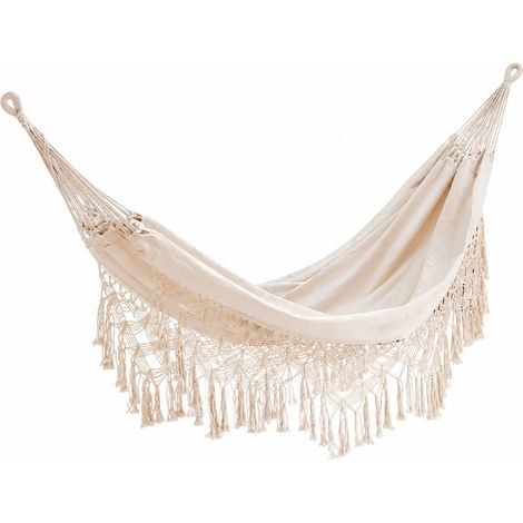 Hamac double portable à franges, beige, avec sac de rangement, pour le camping, l'intérieur et l'extérieur. (1/4)