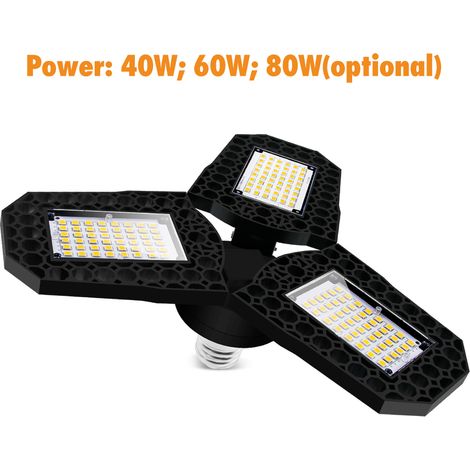 AC85-265V Lumière de garage déformable LED Ampoule à pales de ventilateur à trois feuilles Lampe de plafond E27/E26 Angle d'éclairage de base réglable 6000k Blanc lumière du jour pour atelier entrepôt (1/5)