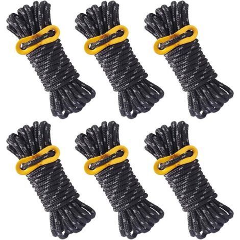 FENOPLASTICA6 Pièces Corde de Tente Réfléchissante Corde Tente Camping 4 m X 5 mm Corde de Tente Noire avec Tendeur Réglable pour Les Tentes d'auvent de Camping en Plein Air (1/5)