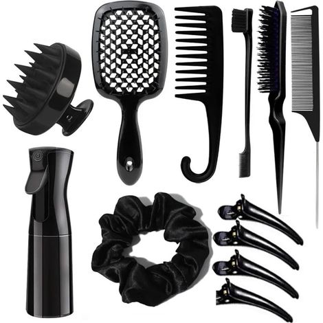 Lot de 12 accessoires coiffure : brosses lavage cheveux silicone, spray, brosse sourcils, peigne rat, pinces canard, élastiques, kit professionnel salon (12 pièces) (1/2)