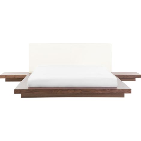 Cama de agua moderna con colchón mesitas de noche cabecero de piel sintética MDF madera de fresno marrón 160 x 200 cm Zen (1/5)