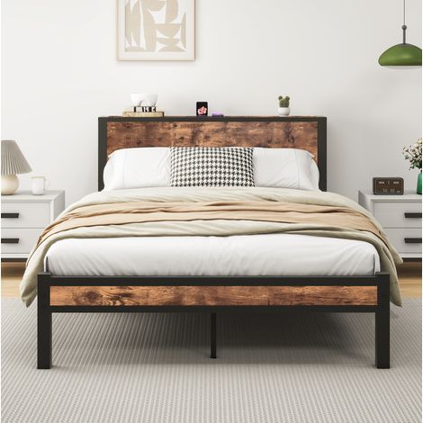 Bettgestell 140x200 cm antikbraun aus MDF und Metall mit Stauraum, robust und modern (1/5)