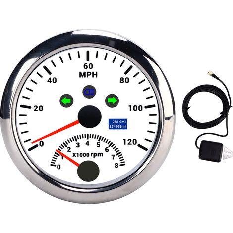Compteur de vitesse GPS 85 mm 0-120 mph avec tachymètre 8000 tr/min alarme de survitesse LCD rétro-éclairage rouge pour voiture bateau 12 V/24 V ATV blanc (1/5)