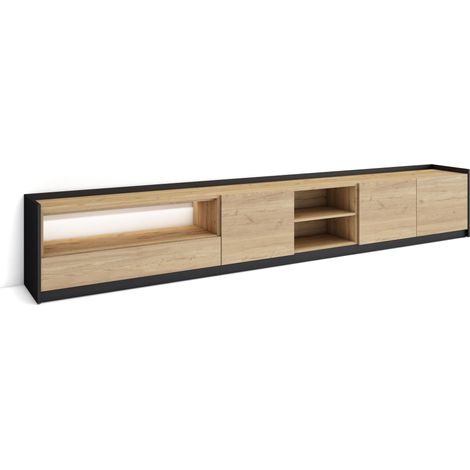 Skraut Home - Mueble TV, Televisión, Muebles de salón, almacenaje, 310x37x50cm, Para TV hasta 80", LED, Estilo Moderno, Roble y negro (1/5)
