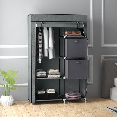 Armadio guardaroba in tessuto 102x42.5x162.5 cm grigio scuro in acciaio con ripiani, barra appendiabiti e chiusura con zip (1/5)