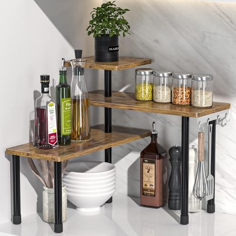 Countertop Organizer Organization, 3 Tier Moveable Corner Shelf Organizer for Kitchen, Bathroom, Spice Rack, Coffee Area, Over Sink, Dresser Table (Rustic Brown) (1/5)