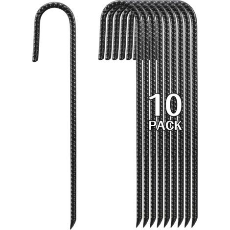 Piquets en Acier 40cm Haute Résistance - Lot de 10 Ancres Sol J-Forme pour Tente, Clôture Jardin, Plantes et Tubes en Tissu, Noir (1/5)