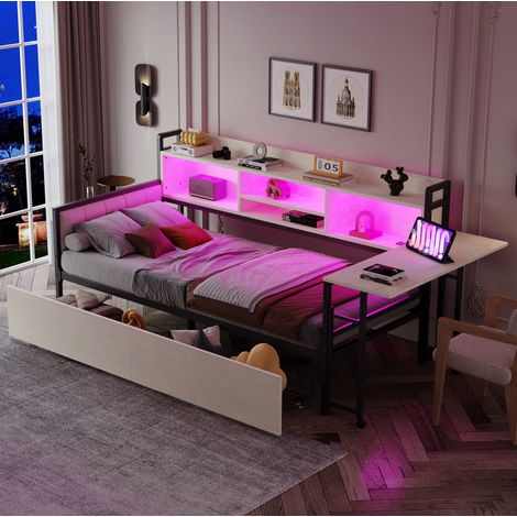 MEUBLIV Cama 90x200 cm blanca con LED, escritorio abatible y almacenamiento, sin colchón (1/5)