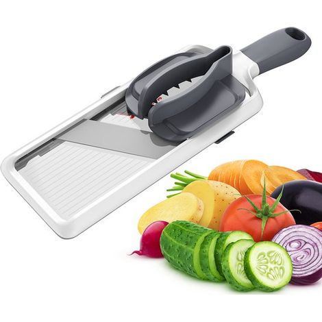 Affettatrice manuale da cucina regolabile a mandolina con 3 impostazioni di spessore di taglio (1 mm, 3 mm) e supporto per alimenti, adatta per patate e verdure. (1/5)