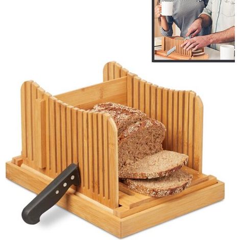 Planche à pain 2 en 1 en bambou - Avec plateau à miettes - Trancheuse à pain manuelle - Coupe-pain pliable - Planche de découpe - Outil de boulangerie - Marron (1/5)