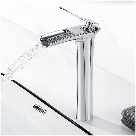 Modern High Waterfall Sink Faucet, Brass High Basin Mixer Tap, Hot and Cold Water Waterfall Faucet Available, Chrome (1/5)