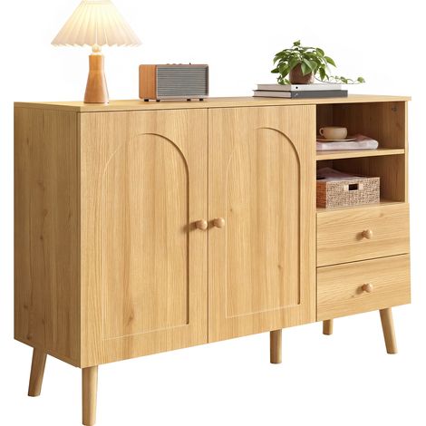 Credenza, ante ad arco, maniglie in legno, piedini in legno, con 2 ante, 2 cassetti e 2 vani a giorno, contenitori multipli, per soggiorno, sala da pranzo, corridoio (1/5)