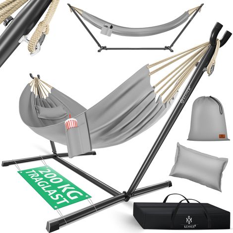 KESSER® Hängematte LAKE mit Gestell Doppelhängematte für 2 Personen-Stabiler Rahmen 200kg Belastbarkeit Indoor & Outdoor XXL Hängesessel Doppel Grau