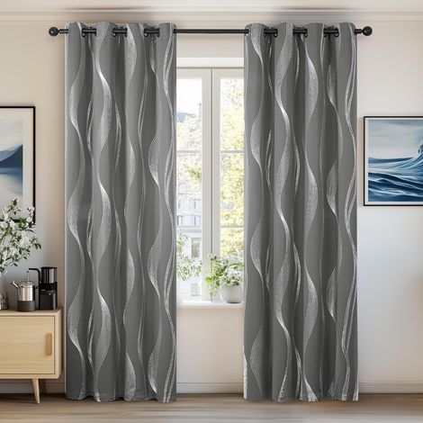 Rideaux gris, imprimé feuille lignes ondulées,occultant, isolant thermique,économie énergie, œillets, super doux, gris clair, 2 panneaux,100200cm (1/5)