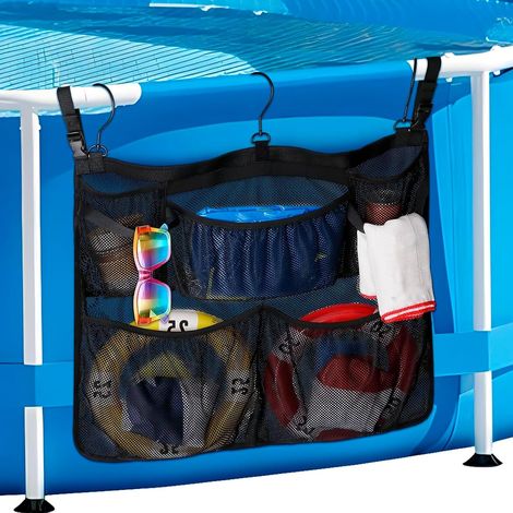 Sac de rangement pour piscine hors sol, 61 x 50,8 cm, sac à suspendre pour piscine avec poches en maille, organiseur de rangement de piscine, jouets, serviettes, boissons (noir) (1/5)