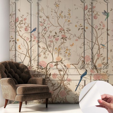 Papier peint adhésif décoratif pour salon chambre et cuisine Facile à poser avec colle Oiseaux et fleurs 250x250 cm (1/5)