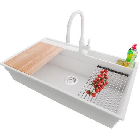 PRIMAGRAN Evier Cuisine en Granit 88x53cm,Lavabo 1 bac + Robinet 38x14cm + Kit de Vidage + Accessoires, Évier à Encastrer au meuble 90cm - Oslo Pocket, Blanc (1/5)