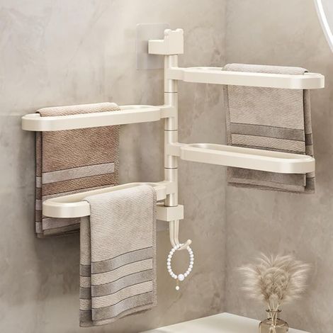 Porte-serviettes pivotant, porte-serviettes autocollant en ABS avec crochets pour salle de bain cuisine, quatre bras beige (1/4)