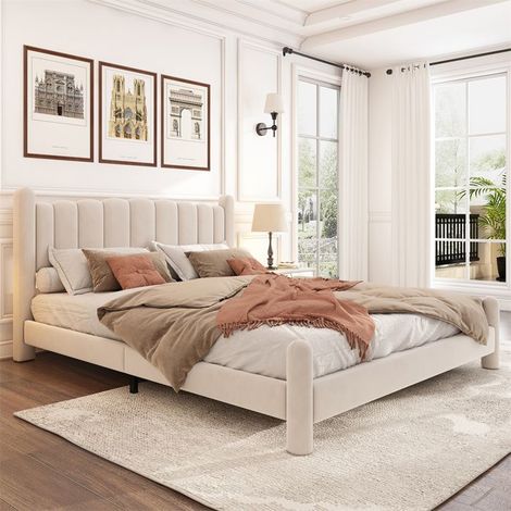 Lit rembourré 180x200 cm - velours beige, sommier à lattes et tête de lit (sans matelas) (1/5)