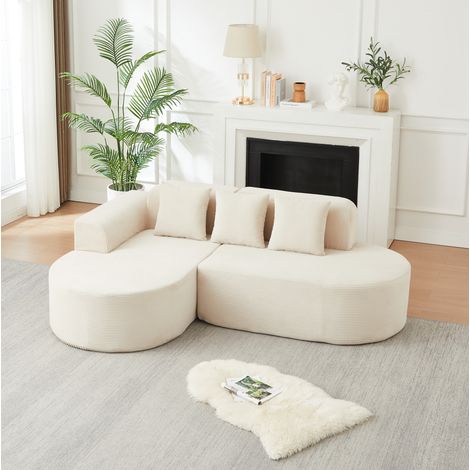 Sofá de esquina 220 cm en pana, 3 cojines, beige OKMYHOME (1/5)