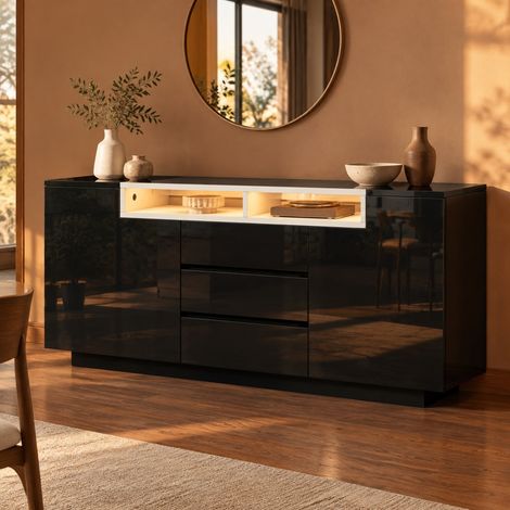 Aparador para salón con LED, 2 puertas, 3 cajones y estantes abiertos, negro, OKMYHOME (1/5)