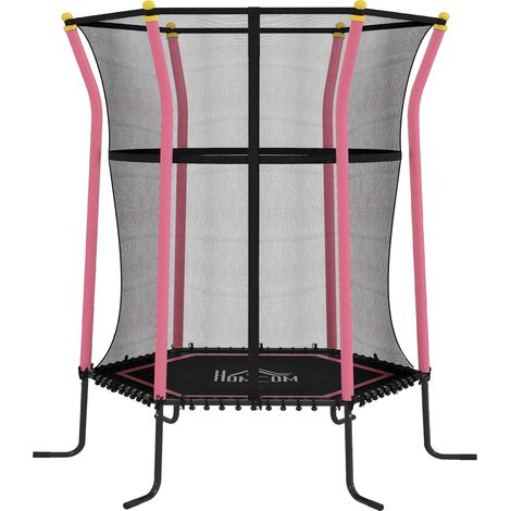 Trampoline pour enfants (Ø 1,63 x 1,9 m) avec filet de sécurité, porte zippée et 6 poteaux rembourrés. Rose/Noir (1/5)