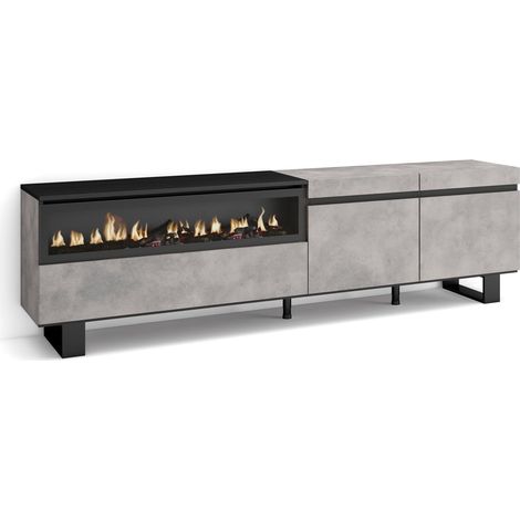 Skraut Home - Mueble TV, Televisión, Muebles de salón, almacenaje, 200x57x35cm, Para TV hasta 80", Chimenea eléctrica, Diseño industrial, Estilo Moderno, Gris Cemento (1/5)