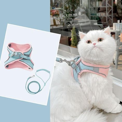 1.5m Harnais Et Laisse Pour Chat Bleu Rose , Gilet De Marche Confortable Pour Chat Avec Laisse, Harnais De Gilet Enfiler, Gilet Pour Petits Et Mo (1/4)