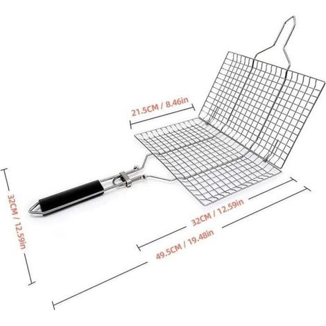 Panier Grille pour Barbecue - Inox - Pliable - 19,4 x 12,6 pouces - Antirouille - Poignée Amovible (1/4)
