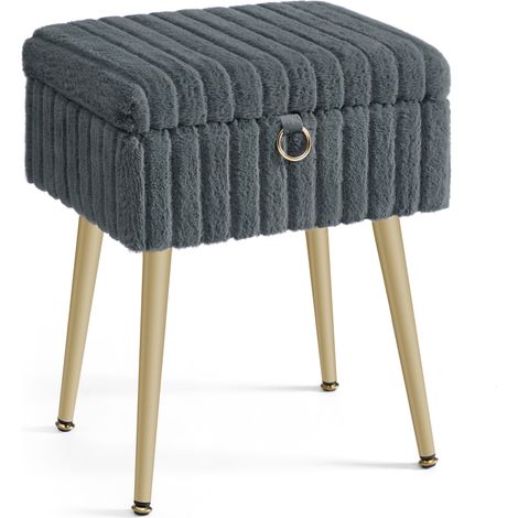 Tabouret de Coiffeuse, Tabouret avec Rangement, Repose-pieds, Pieds en Métal, Rembourré, Pieds Réglables, pour Salon, Chambre, Dressing, Gris Ardoise (1/5)