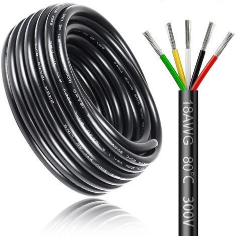 Câble électrique 10 mètres 18 AWG 5x0,75mm² à 5 conducteurs, fil de cuivre étamé flexible, impédance faible, compatible alimentation LED 5V / 12V / 24V, résistance aux hautes températures (1/5)