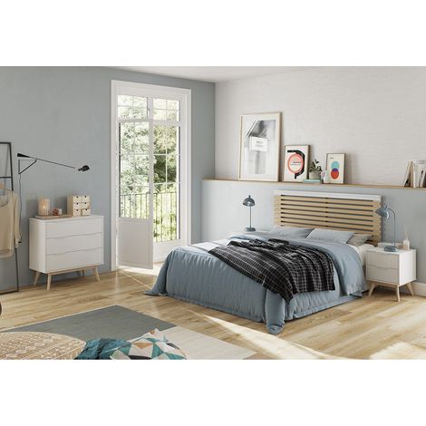 LAUPELL - Chambre 140x190cm avec Commode 3 Tiroirs Pin Naturel et Blanc Scandinave (1/5)